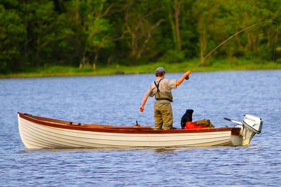 Man and dog fishing on a lake
